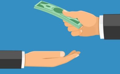 Hand giving cash, the other hand takes the money. Salary, donation, investment, payment concept. Isolated vector illustration